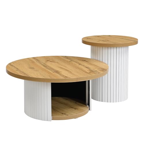 Merax Couchtisch Set, 75x75x50+45x45*35cm, doppelter runder Wohnzimmertisch mit Beistelltisch, mit Naturholzoptik, skandinavischer Stil, moderner Sofatisch für Wohnzimmer, Natur – Bild 6