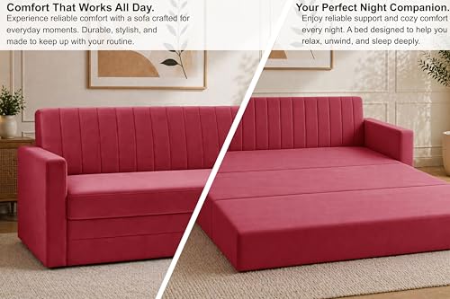 Image of Modern Velvet 3-Seater Sofa Cum Bed with Armrest, Convertible Sleeper Couch Sofa for Living Room, Bedroom & Office-Red