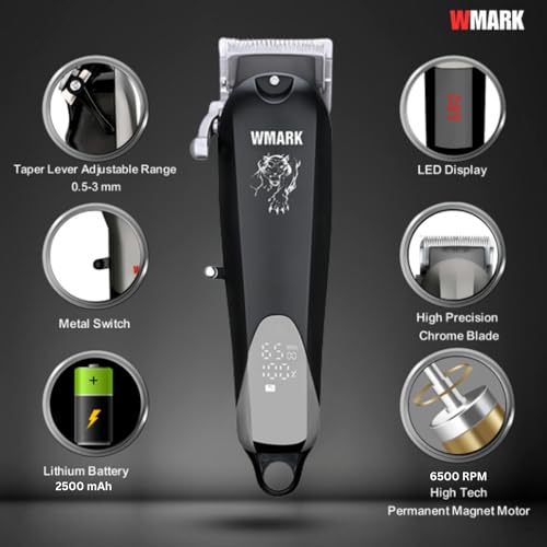 Image of WMARK NG-103B Tiger Roar Professional Hair Clipper Digital Display 6500 RPM Motor Stainless steel Blade USB Charging 4 Guide Comb Taper Lever Adjustments Runtime 200 min 2500 mAh Li-ion Battery, Black