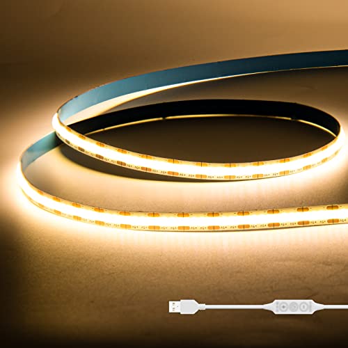 Gingsow Strisce LED COB USB 5V Bianco Caldo 2700K 1M,320LED Strisce LED COB Dimmerabili CRI80+ Retroilluminazione TV,Nastro LED Flessibile Sotto Luce da Pavimento per Illuminazione Domestica Fai da Te