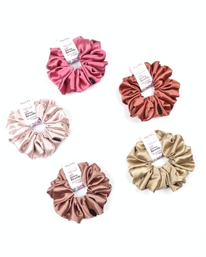 Image of Satin Scrunchies Hair Bands for Women | No-Damage Elastic Hair Ties for Ponytails & Buns | Fluffy & Stylish Rubber Bands | Extra Large Size | Pack of 5