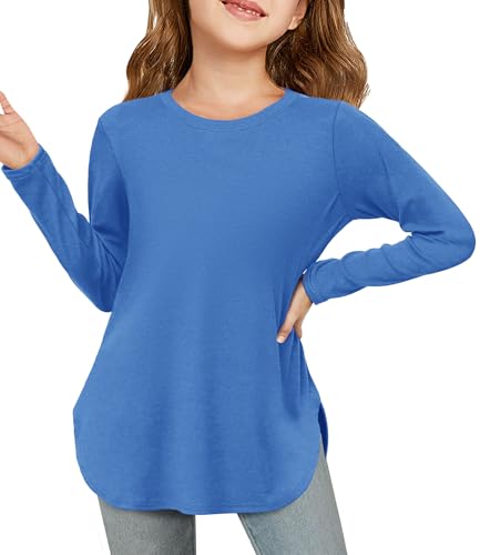 Image of Haloumoning Girls Long Sleeve T Shirts Kids Crewneck Tops 5-14 Years | Solid Color, Casual Loose Fit, Basic Tees, Curve Hem, Side Slit, Soft Tunic Tops, Fashion Clothes