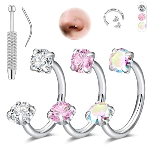 Aidenn 18G Horseshoe Nose Rings for Women, 6-8mm Horseshoe Piercing Jewelry Set Gold & Silver, Double Gem Horse Shoe Nose Rings Hoops Surgical Steel Cartilage Helix Tragus Earring Labret Lip With Tool