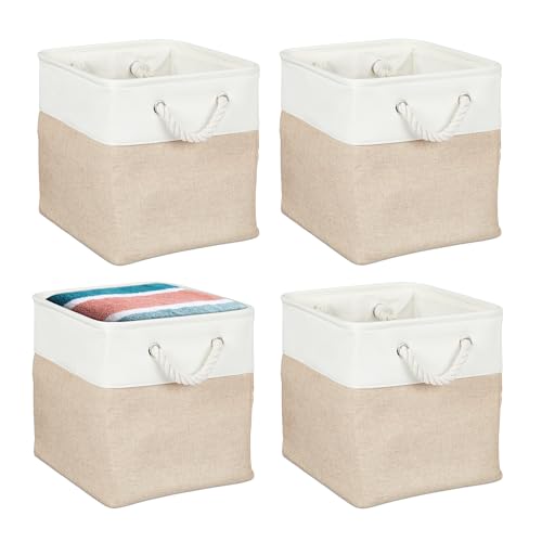 Relaxdays Cestas de Almacenaje, Set 4, Lino, con Asas, Ropa, Juguetes, 28x28x28 cm, Cestitas Estantería, Beige/Blanco