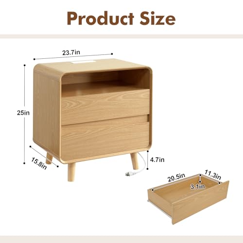 Image of Nasonet Night Stand with Charger Station, Mid Century Modern Nightstand with 2 Drawers, Wood Bedside Table for Bedroom, Curved Beveled Design, Oak