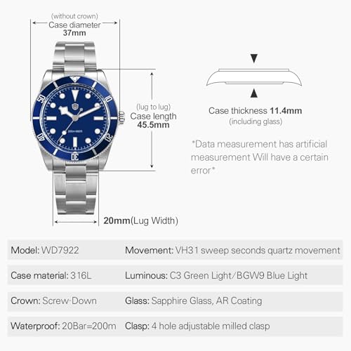Image of watchdives VH31 Quartz Watches, WD7922 BB54 Mens Watch 37mm Sapphire Crystal Luxury Wrist Watch 20Bar Diver Watches Analog Luminous Watch