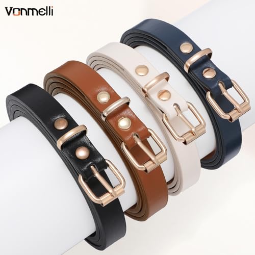 VONMELLI 4 Pack Women Skinny Belt for Dress Thin Waist Belt for Women Jeans with Gold Buckle4