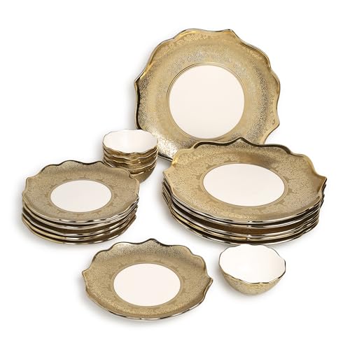 Image of Timeless Elegance Dinner Set, White & Gold, 18 Piece | Gold Plated, Porcelain Crockery with Scalloped Rim, For 6 People, 6 Dinner Plates, 6 Quarter Plates & 6 Veg Bowls, DSS04