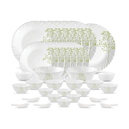 Image of La Opala Novo Collection Opal Glass Crockery | for Family of 6 | Dinner Set 35 pcs Blissfull Green | Plates & Bowls for Dining | Microwave Safe | 100% Vegetarian | Extra Strong | Light & White