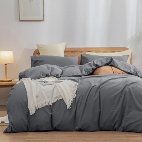 Image of BESTOUCH Cotton Solid Duvet Cover Set Quiet Shade Grey Oversized King | 100% Washed Cotton, Soft Wrinkle Texture, Hidden Zipper, 8 Ties, Breathable Lightweight Durable Comfy, 3 Pcs No Insert