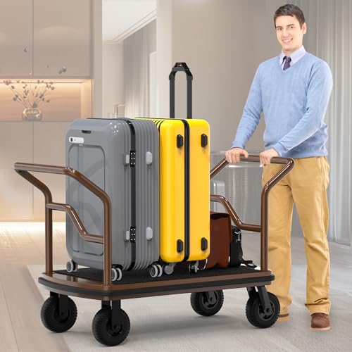 Hotel Luggage Cart,600 lbs Bellman Trolley, 47"x25"x77" Brushed Stainless Steel, 8" Silent Rubber Pneumatic Wheels, Nylon Carpet Deck Bumper Rails – for Hotels, Resorts & Condos (Hand Push)2