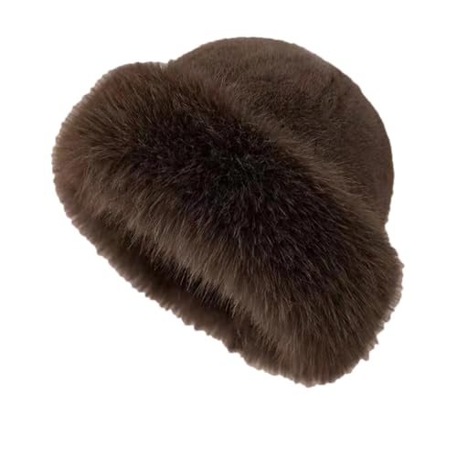 IUokLU Gorro Esponjoso a la Moda para Mujer Sombrero Mongol Sombrero de Cubo Peludo Gorros cálidos para Esquiar y Montar Invierno,Café-Talla única