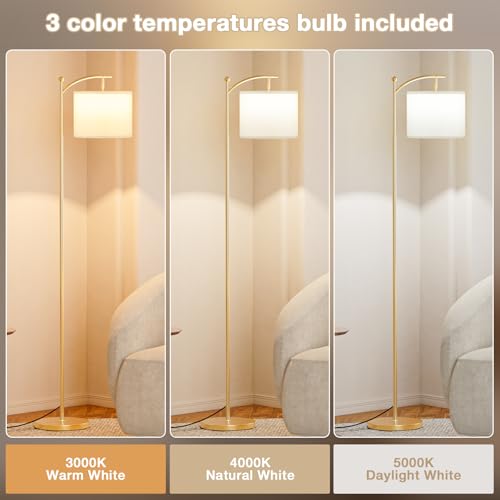 Image of Ambimall 60 inch Floor Lamp for Living Room with 3 Color Temperatures, Adjustable White Shade with Gold Pole, Tall Lamp for Bedroom Office Classroom Dorm Room, 9W LED Bulb Included