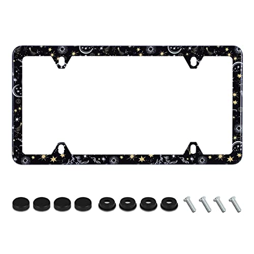 Galaxy Moon And Stars License Plate Frame Starry Sky Planets License Plate Holder Stainless Steel Rust-Proof Auto Parts Decoration With Screws For Men Women License Plate Cover 4 Holes 1Pcs #TOP15