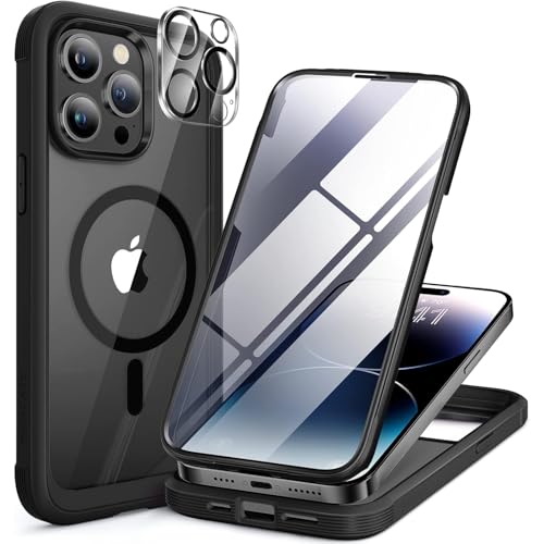 Image of Miracase Magnetic for iPhone 14 Pro Case 6.1 inch, (Compatible with MagSafe) Upgrade Full-Body Clear Phone Bumper Case with Built-in 9H Tempered Glass Screen Protector, Magnetic Matte Black
