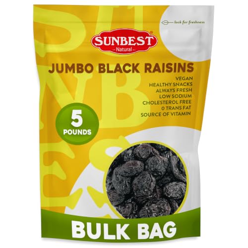 Sunbest Natural Jumbo Black Raisins, 5 lbs – Naturally Sweet Dried Fruit – California Dried Grapes for Trail Mix, Salads &amp; Snacking – Non-GMO, Vegan &amp; Kosher (80 oz)