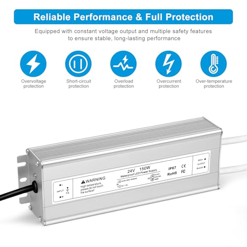 Image of 24V 150W LED Power Supply, IP67 Waterproof LED Driver, AC 110V to DC 24 Volt 6.25A Low Voltage Transformer Converter for Outdoor LED Strip & Landscape Lighting, 3-Prong Plug with 3.3FT Cable
