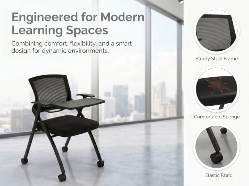 Image of 4 Pack Folding Training Chair with Desk Attached & Cup Holder,Foldable Office Chair with wheels for Seminar & Classroom-Conference Guest Mesh Back & Padded Seat Chair-Flip-Top Desk Chair for Meeting