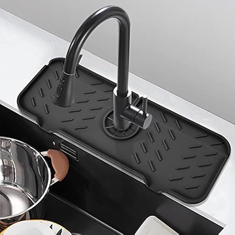2PCSKitchen Sink Splash Guard, Silicone Faucet Handle Drip Catcher Tray, fits faucet bottom diameter in 3.2 inch, Sponge Holder Sink Protectors Mat for Kitchen Bathroom Sink Accessories（15.4" x 5.6"） Cover