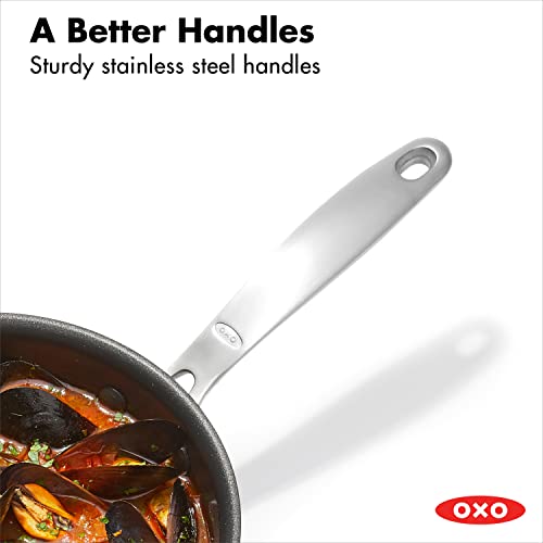 Image of OXO Good Grips Pro 1QT and 2QT Saucepan Pot Set with Lids, 3-Layered German Engineered Nonstick Coating, Stainless Steel Handles, Black