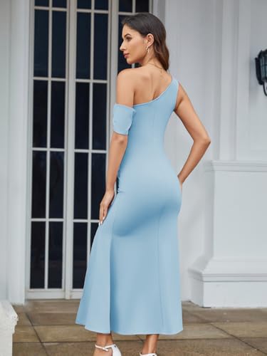 Image of Women One Shoulder Dress Sleeveless Elegant Split Bodycon Mermaid Ruched Wedding Guest Cocktail Evening Long Dresses