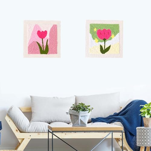 Image of Allazone Punch Needle Embroidery Kit, Square Frame with Green and Pink Tulip Pattern, Includes Frame, Stand, Punch Needle, Scissors, Yarns, Adults Beginner Friendly