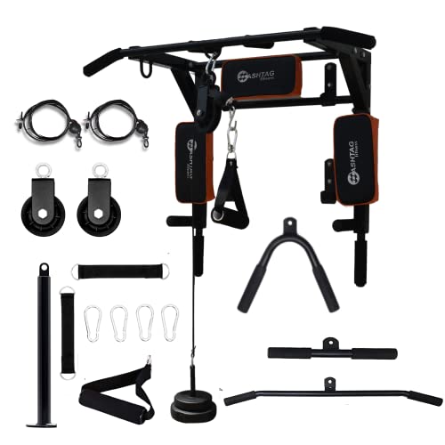 Image of Hashtag Fitness 5in1 multi pull up bar for home with 360 degree gym pulley systems dip station dips bar, chin up bar gym equipment for home workout