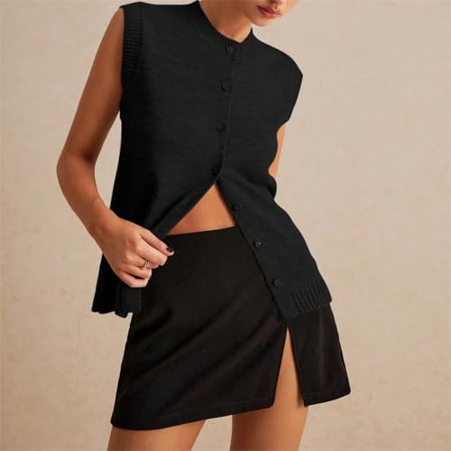 Image of Women Button Down Knit Sweater Vest Casual Loose Fit Crew Neck Sleeveless Button Front Knitted Sweater Cardigan