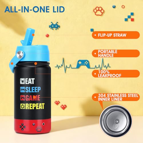 Image of Kids Insulated Water Bottle with Straw Lid, 14oz Double Wall Vacuum Stainless Steel Tumbler, Leak Proof Reusable Metal School Cup for Boys Girls, Keep Cold 24H Hot 12H (Blue-Red-EAT)