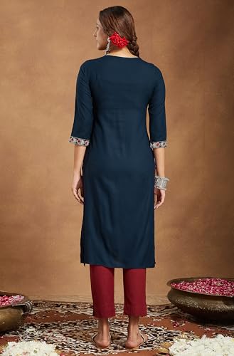 Image of Janasya Women's Navy Blue Rayon Embroidered Straight Kurta