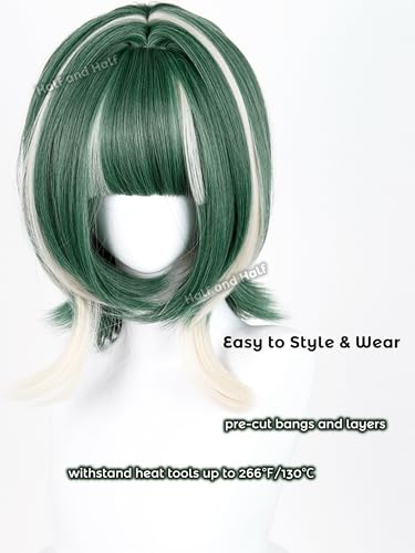 Image of Guita Cosplay Wig Short Dark Green Anime Wig for Women Green and White Layered Wig with Bangs Hime Cut Wigs for Women Halloween Party Costume