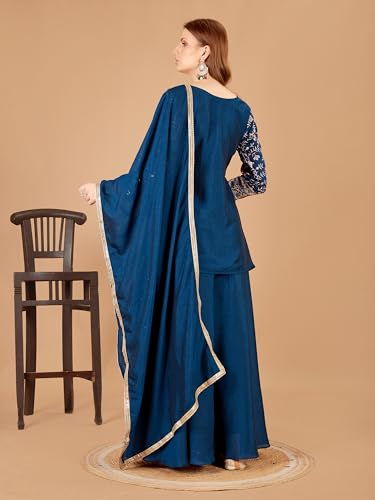 Image of Xomantic Fashion Womens Beautiful Silk Short Kurta Palazzo in Blue with embroidery and sequins work with show buttons