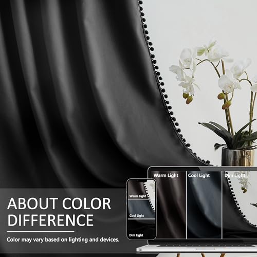 Image of Treatmentex Pom Pom Blackout Curtains Black 45 inch Half Window Curtain Set for Small Window Basement Laundry Short Drapes 2Panels Rod Pocket