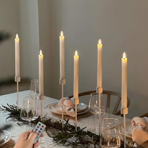 Image of Homemory Waxy Flameless Taper Candles with Remote Timer Dimmer, LED Candlesticks Flickering, Battery Operated Window Candles, 9.6 Inches for Christmas Wedding Celebration Decor, Ivory, 6 Pcs