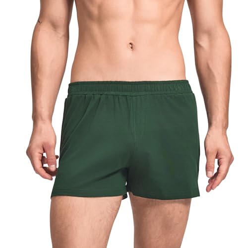 HEAVYWOOD Mens Pajamas Shorts 3 Inch Cotton Lightweight Lounge Active Workout Shorts Sleep Bottoms with Slight Stretchy (Dark Green, S)