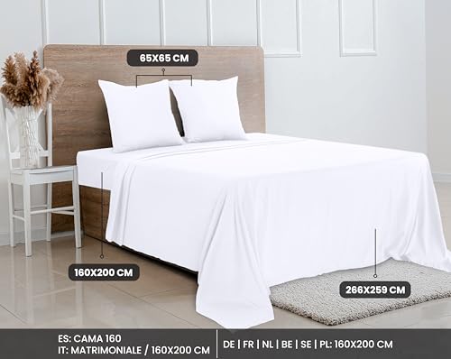 Image of Utopia Bedding 4-Piece Bed Sheet Set 160 x 200 cm, White - Polyester Microfibre, Oeko-Tex Certified, 1 Fitted Sheet 160 x 200 cm, 1 Flat Sheet 266 x 259 cm and 2 Pillowcases 65 x 65 cm