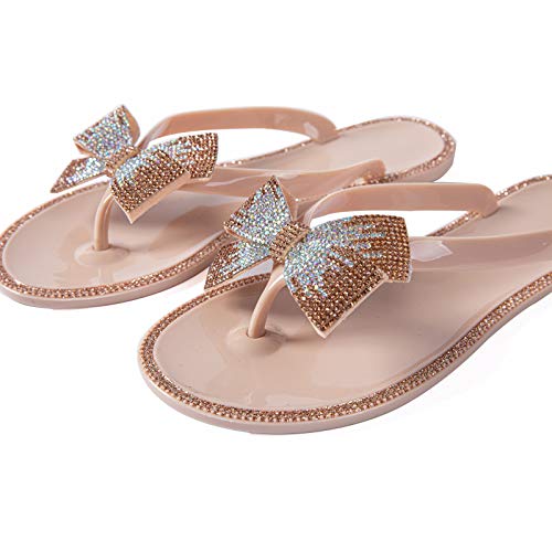 Image of Mtzyoa Women Flip-Flops Flat Sandals Jelly Bow Beach Flat Rivets Rain Cute Dressy Summer Sandals