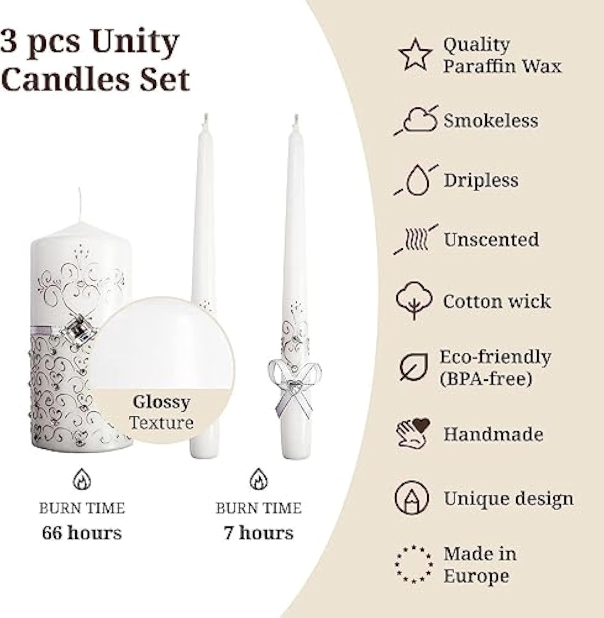 Unity Candles for Wedding Ceremony Set - 3 Pcs
