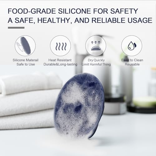 Image of Silicone Body Scrubber Shower Bath Wash Brush Gentle Exfoliating Scrub Cleansing Loofah for Women Men Baby Sensitive Skin, Easy to Clean, Lather Nicely, More Hygienic, 1 Pack, Blue
