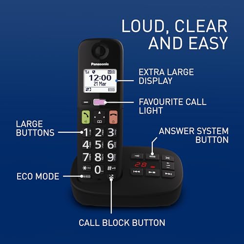 Panasonic KX-TGU132EB Digital Cordless Phone with Answering Machine, Base Unit & 2 Handsets, LCD Display, Big Buttons, Fav Call, Hearing Aid Compatible, Black - Image 5