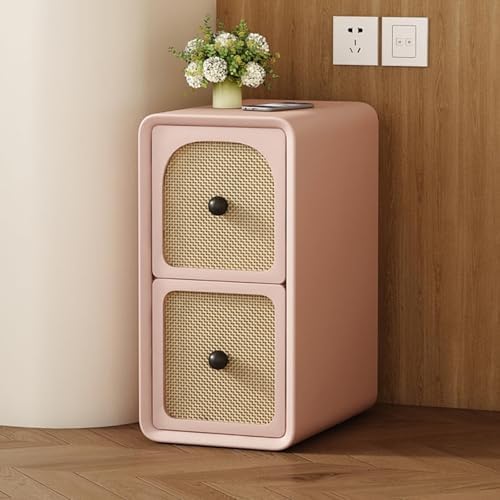 Slim Rattan Nightstand with 2 Drawers - Narrow Bedside Table & Sofa Cabinet for Small Spaces - Stylish Storage Solution for Bedroom & Living Room