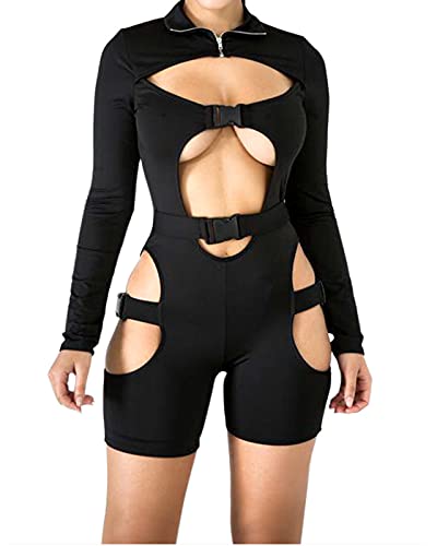 Sexy Jumpsuits for Women Black Romper Buckle Long Sleeve Bodycon Hollow Out Biker Short Outfits M