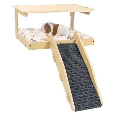 Amakunft Guinea Pig Hideout - Natural Wooden, Detachable Guinea Pig Platform with Stairs and Mat, Guinea Pig House, Small Animal Habitat for Guinea Pig Cages Hamsters Bunny Chinchillas