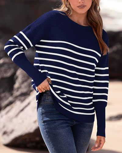 BTFBM Casual Women 2026 Fall Sweater Long Sleeve Ribbed Knit Pullover Loose Crewneck Batwing Split Sweater(Striped Navy White,X-Small) — view 5