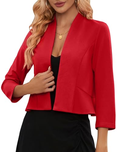 Women's Casual Cropped Blazer 3/4 Sleeve Collarless Open Front Ruffle Work Office Cardigan Suit Jacket Shrug