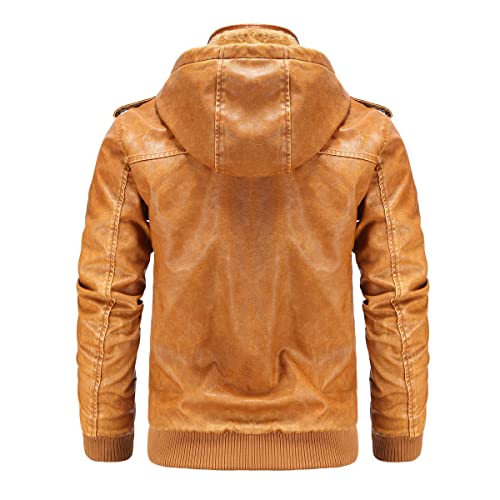 Susclude Men's Leather Jacket Retro Zip-UP Stand Collar Faux Leather Motorcycle Biker Jackets Coat With Removable Hood4
