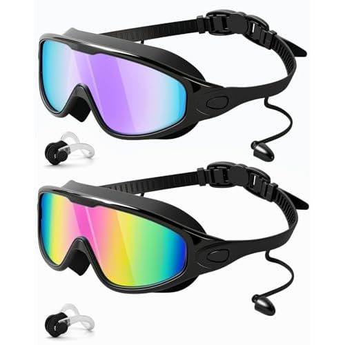 Rantizon Swim Goggles 2 Pack, Wide View Anti Fog&UV Swimming Goggles for Audlt, No Leaking Swim Glasses for Men Women Kids Black Pink & Black Purple Large for Adults