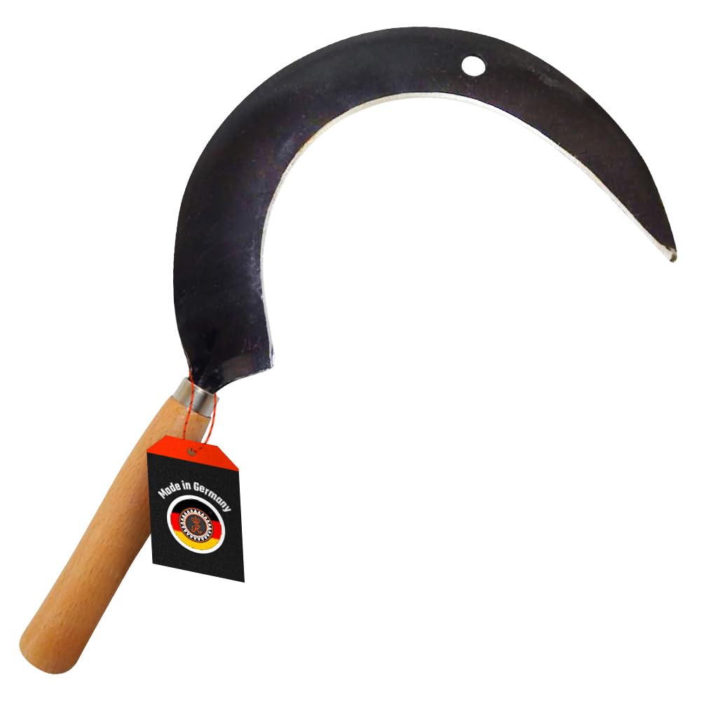 SHW-FIRE Blattsichel für den Garten mit Holzgriff - Handgeschmiedete Rund-Sichel für Handsichelarbeiten - inkl. Schneideschutz - Made in Germany