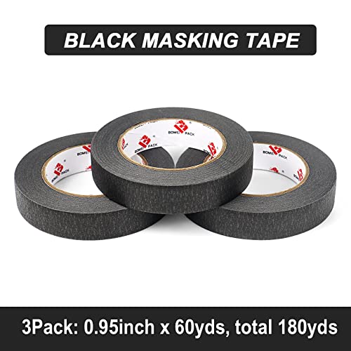 Bomei Pack 3 Pack Black Painters Tape 0.94 Inches X 60 Yards, Premium Crepe Paper Masking Tape For Painting, Crafts And Diy - Uv Resistant, No Residue And Easy Removal #TOP1