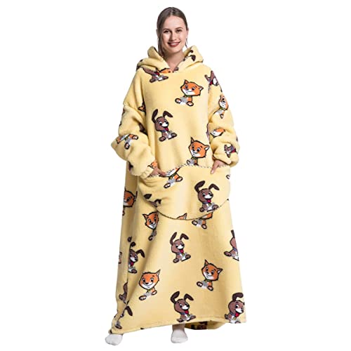 Jetcloud Oversized Blanket Hoodie Extra Long 140cm Wearable Throw with Pockets Sleeves Winter Warm Cosy Flannel Blanket Soft Plush Girl Wearable Sweatshirt for Adult Men Women(Dog&cat)
